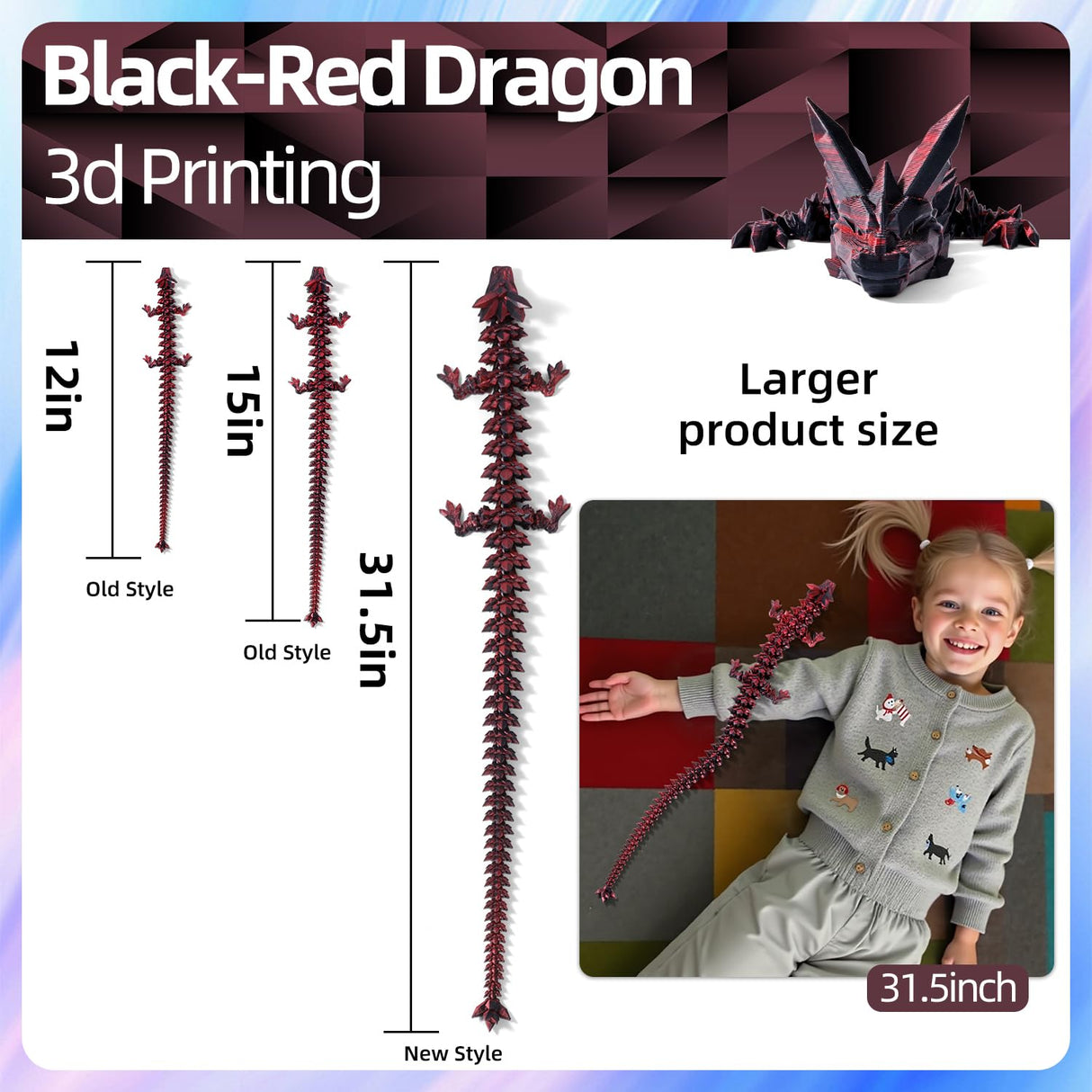 31.5 Large 3D Printed Dragon Bigger Fidget Animals Toys, Giant Flexible Articulated Fidget Toy, Huge 3D Printed Crystal Dragon Halloween Home Office Executive Desk Decor, Christmas 3D Print Toy 2025