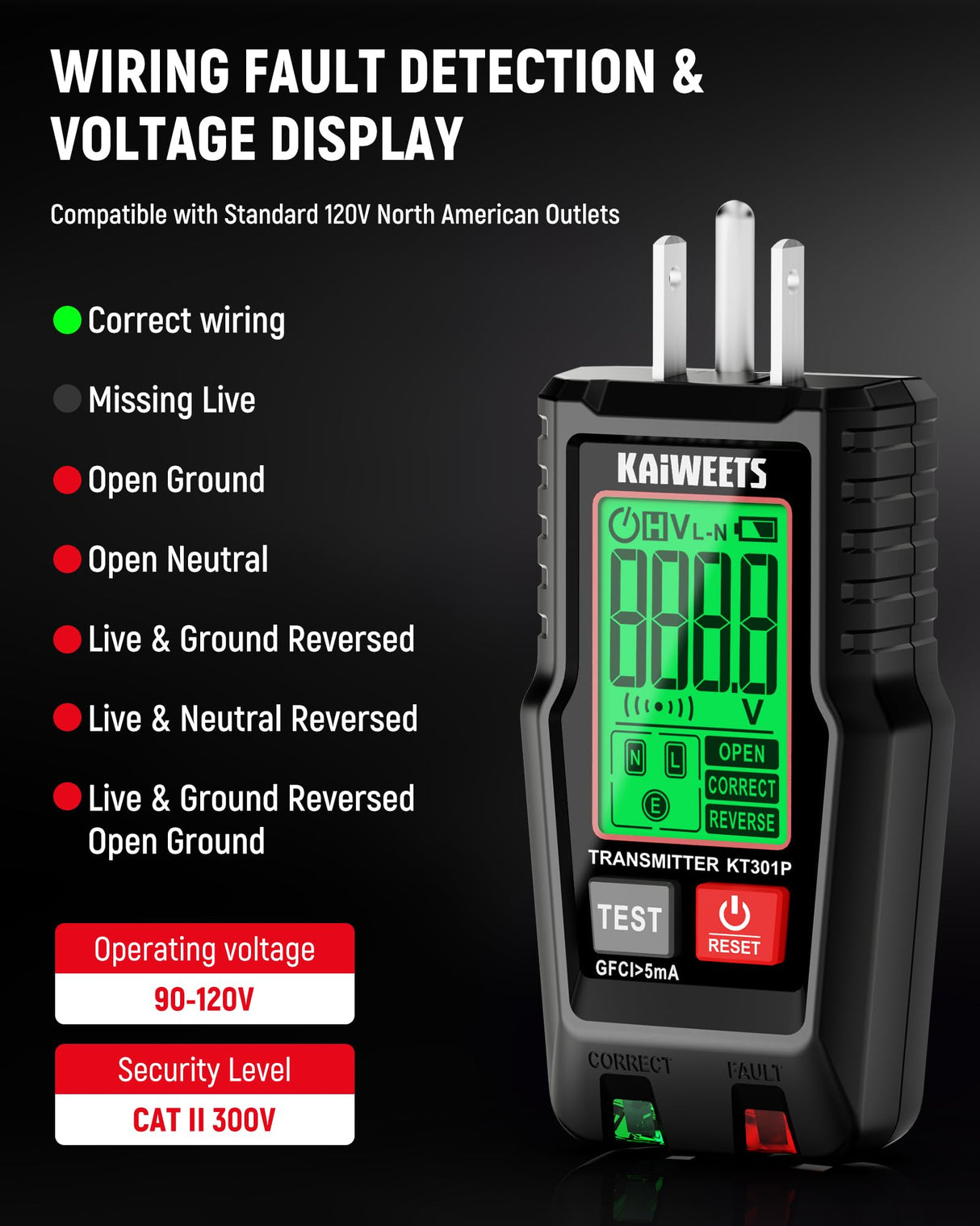 KAIWEETS Circuit Breaker Finder with LCD Display, GFCI Outlet Tester, Electrical Circuit Tracer Tool with NCV Test & Flashlight, Includes Carrying Case and Adapters- KT301P