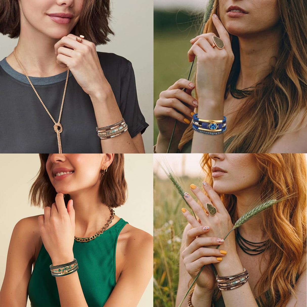 LOWNOUR Boho Bracelets for Women 3pcs Leather Bracelet for Women Western Jewlery Leopard Multi-Layer Crystal Beads Stone Leather Cuff Wrap Bracelets (Boho-3pcs)