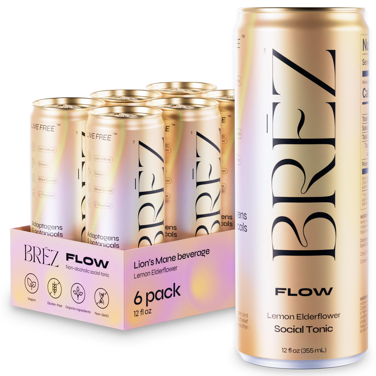 BREZ FLOW Lion’s Mane Mushroom Drink, 6-Pack, Non-Infused, Adaptogens, Relieving, Uplifting, and Social, Sparkling Lemon Elderflower Tonic 12 Fl oz