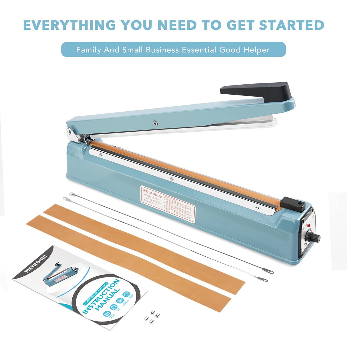 METRONIC Impulse Sealer 16 inch, Manual Heat Sealer Machine for Plastic Bags, Shrink Wrap Bag Sealers Heavy Duty Sealing Machine With Repair Kit (Blue)