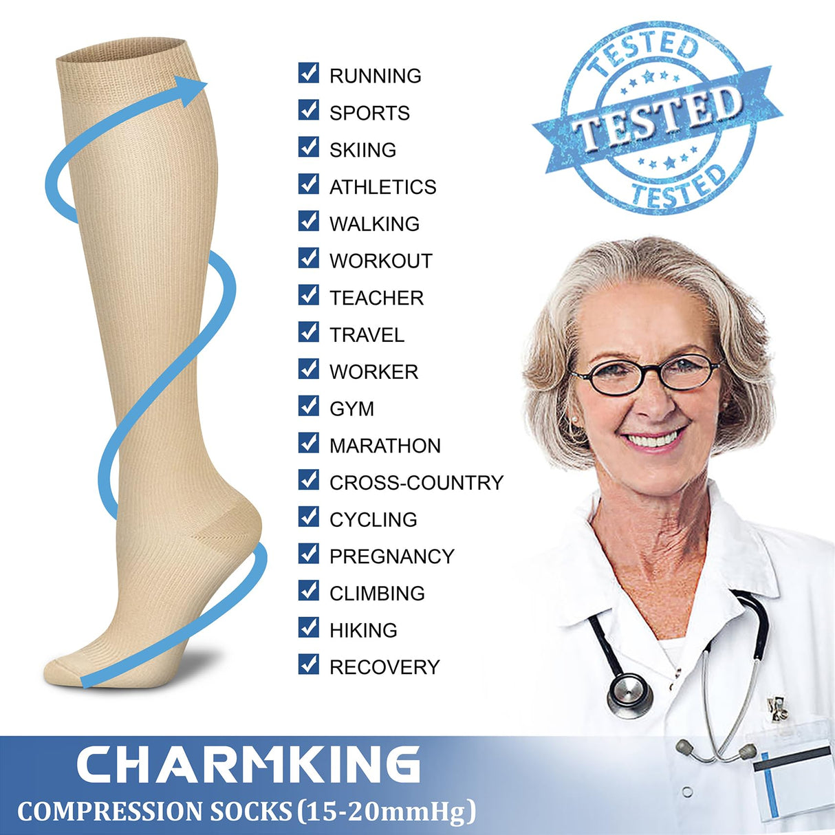 CHARMKING Compression Socks for Women & Men (8 Pairs) 15-20 mmHg Graduated Copper Support Socks are Best for Pregnant, Nurses - Boost Performance, Circulation, Knee High & Wide Calf (L/XL, Multi 52)