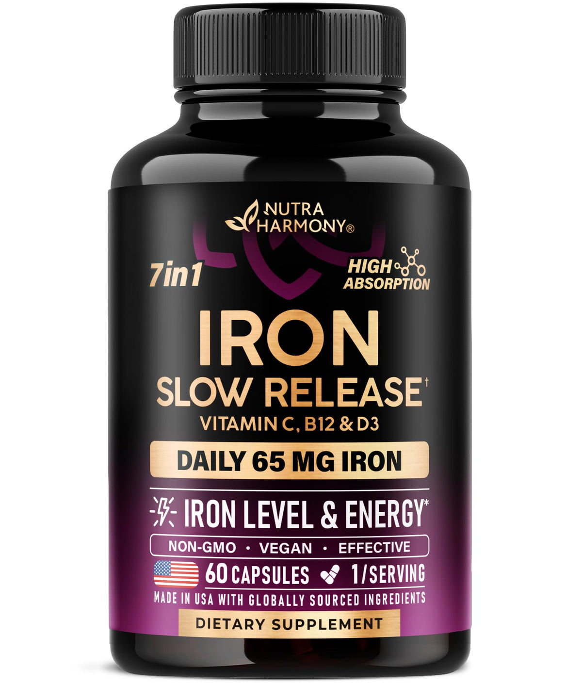 Iron Supplement for Women - Iron 65mg (Ferrous Sulfate 325mg) - 60 Caps