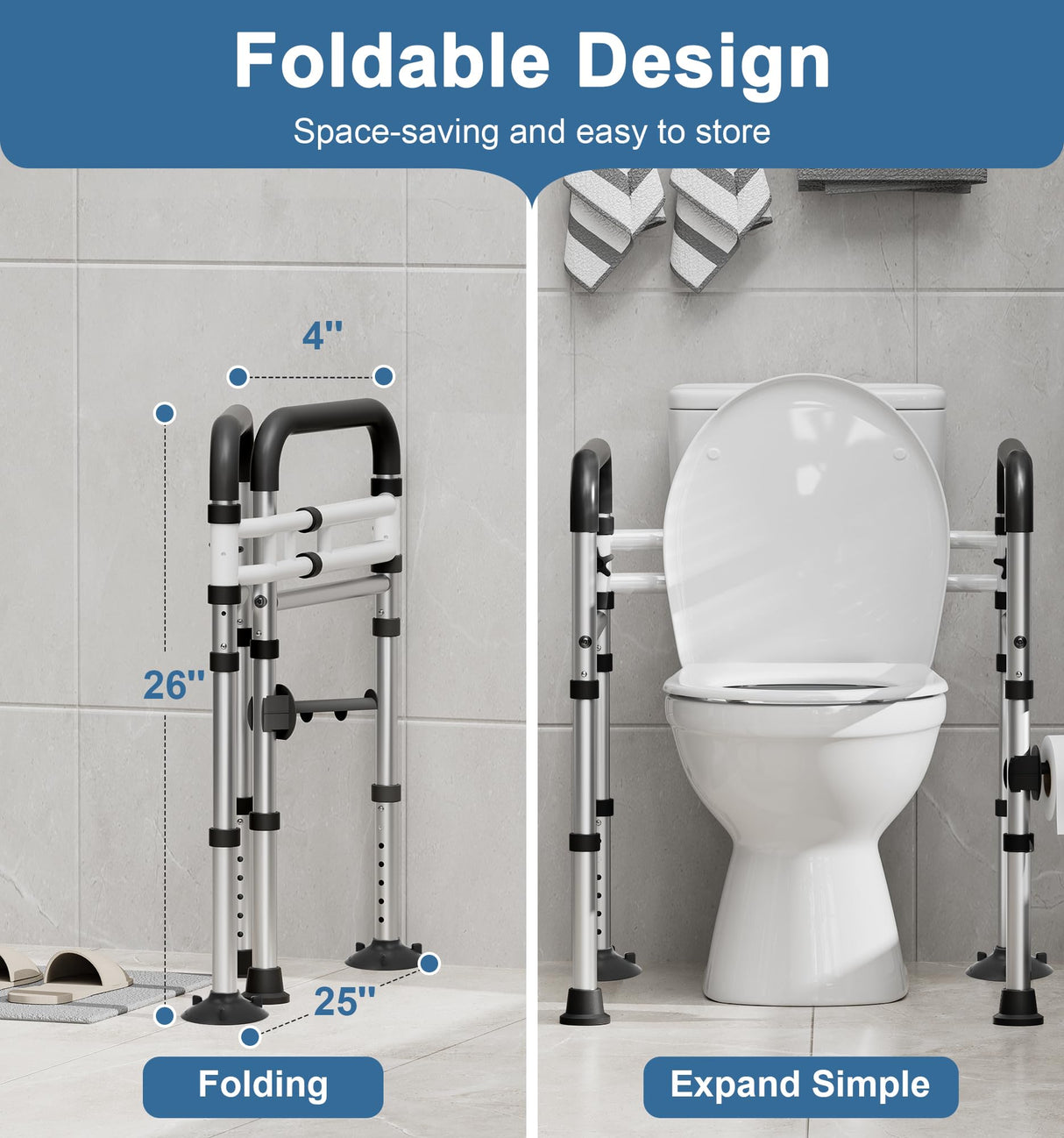 Toilet Safety Rails for Seniors (350 LBS), Adjustable Toilet Safety Frame for Elderly and Disabled, FSA HSA Eligible Foldable Handicap Toilet Assistance Rail Fits Most Toilets, Matte Black