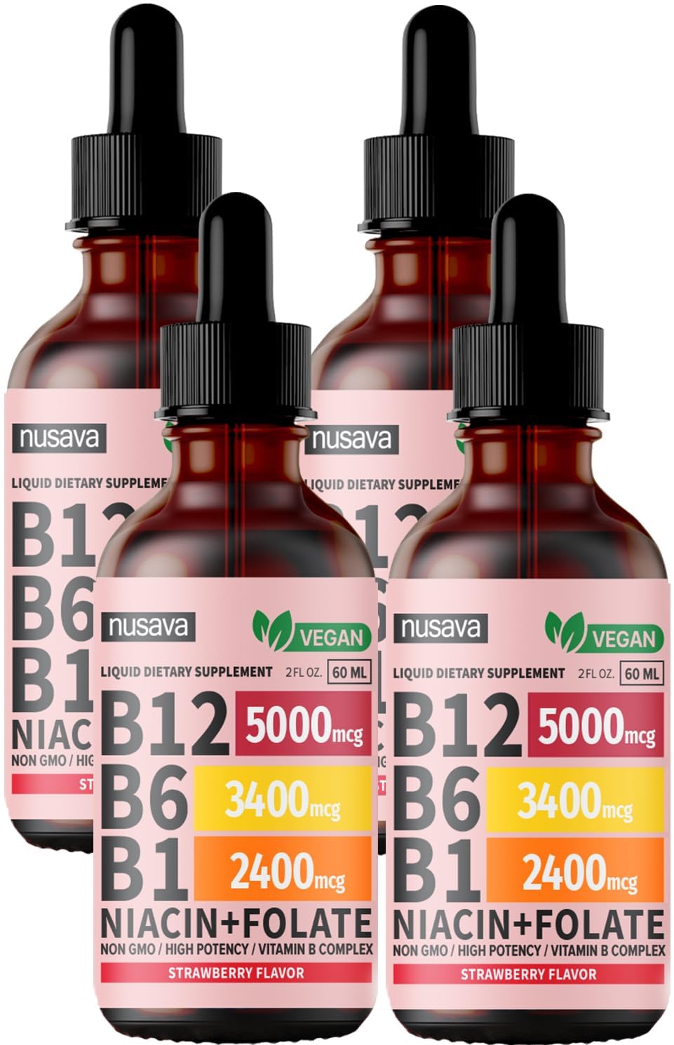 (4 Pack) Vitamin B12 and B6 Liquid Drops, B12 Sublingual Vitamin B Complex - B 12 Vitamin 5000mcg - B12 Methylcobalamin for Energy, Brain, and Heart Support with 27,200 mcg, Strawberry, 80 Servings