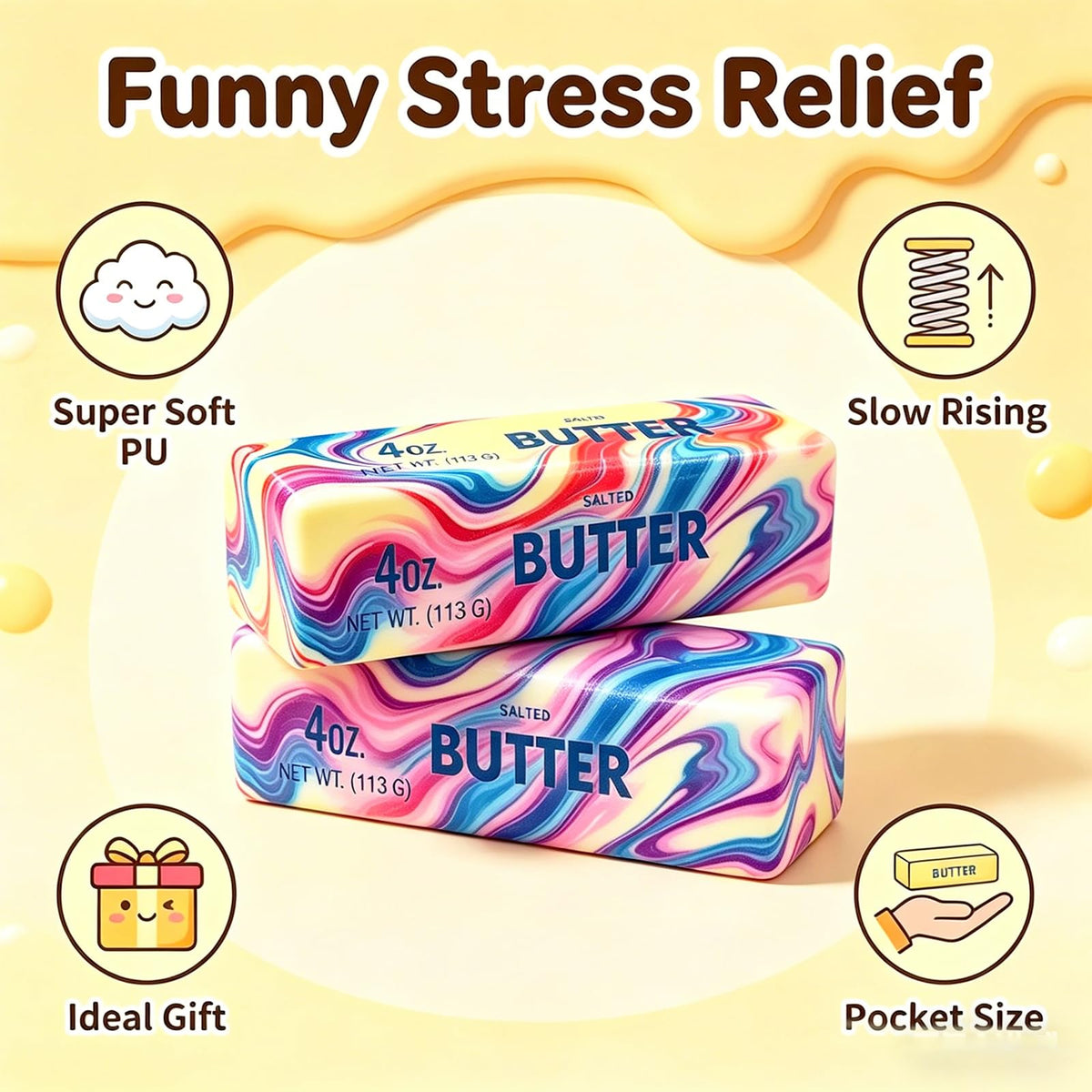 2 Packs Slow Rising Butter Squishy, Squishies Butter Squeeze Toys Pack Sensory Stress Relief Soft & Stretchy Fidget Toy for Party Favors Squishy Butter