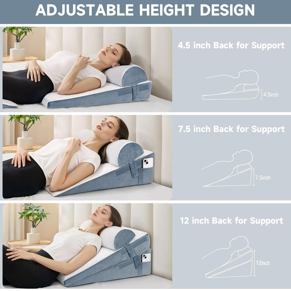 SJEUQOP Bed Wedge Pillow for Sleeping, 3 Pcs Adjustable Height 4.5&7.5&12 Inch Triangle Pillow Wedge for Post Surgery, Acid Reflux, Snoring, Legs Pain Relief