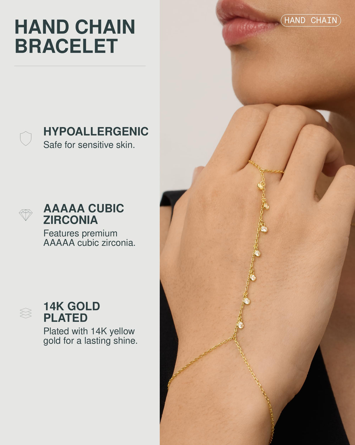 PAVOI CZ Dainty Hand Chain, 14K Gold Plated, Yellow Gold
