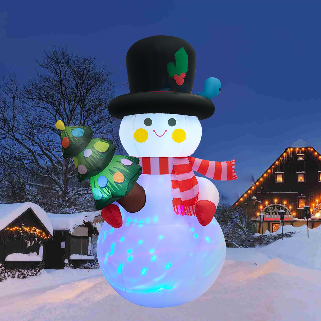 SRKLH 8 FT Christmas Inflatables Snowman Yard Decoration, Blow Up Snowman with Christmas Tree Outdoor Decoration with Rotating LED Lights for Holiday Party Garden Lawn Decor, Xmas New Year Kids Gifts