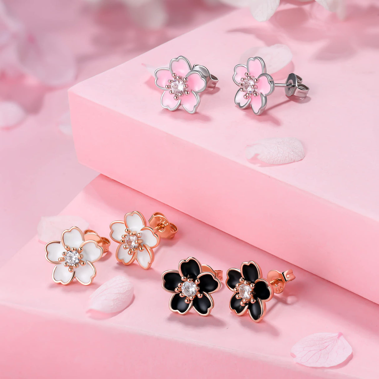 925 Sterling Silver Stud Earrings, Cute Flower Ear Studs for Women, White/Black/Rose Gold Plated, Stud Earrings Jewelry Gift (3pcs)