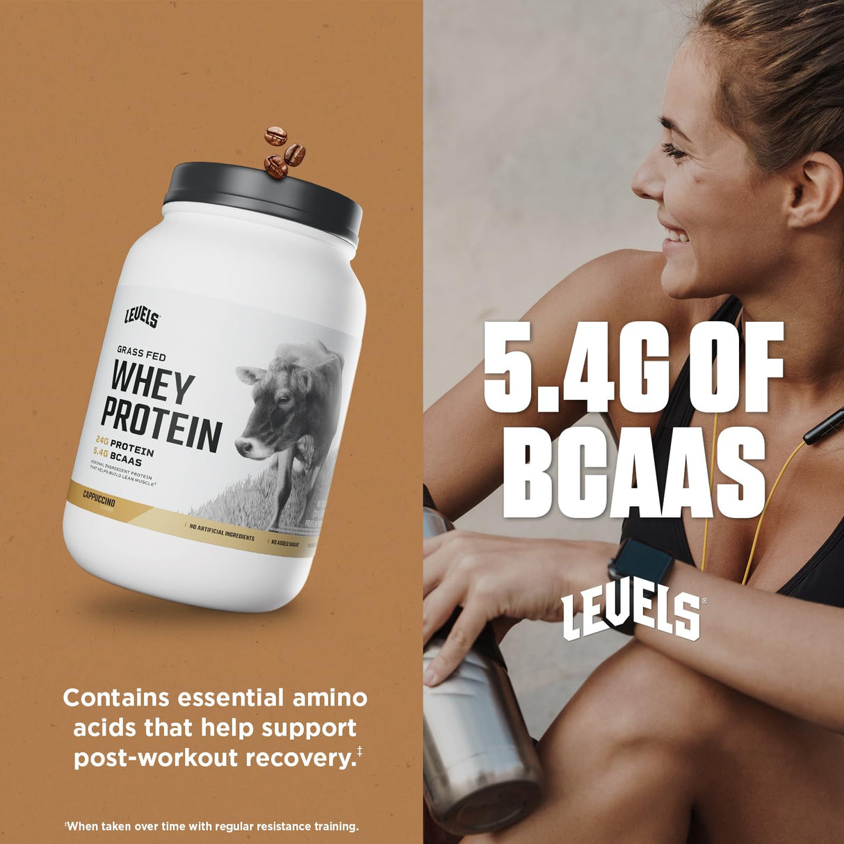 Levels Grass Fed Whey Protein Powder, No Artificials, 24G of Protein, Cappuccino, 2LB