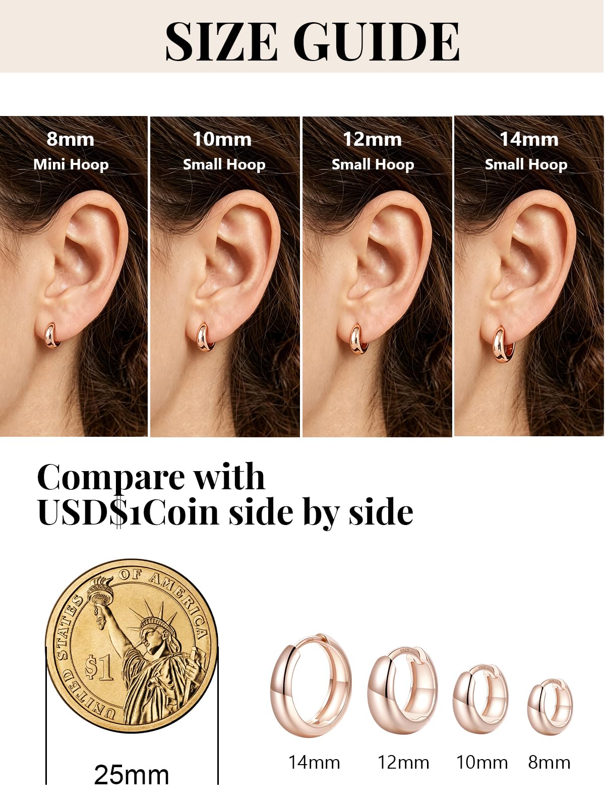 Silvora Rose Gold Huggie Earrings for Women, Small Chunky Hoops with 925 Sterling Silver Post, Lightweight Rose Gold Earrings, 8mm