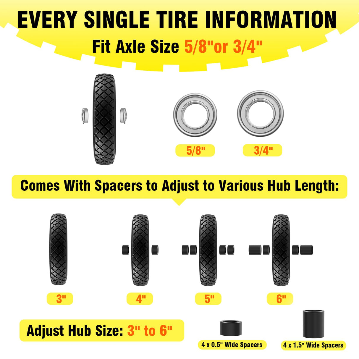 4.80/4.00-8" Tire and Wheel Flat Free 16", Solid Wheelbarrow Tire with 5/8" & 3/4" Bearings 3" Centered Hub, 14"-16" Universal Fit Wheelbarrow Tires for Hand Truck/Garden Trailer/Trolley/Wagon (1)