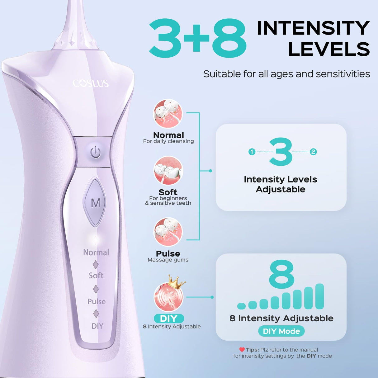 COSLUS Water Dental Flosser Pick for Teeth: 4 Modes Cordless 300ML Larger Tank Portable Water Teeth Cleaner Picks IPX7 Waterproof Flossing Machine for Home Travel Purple C30(FC5360)