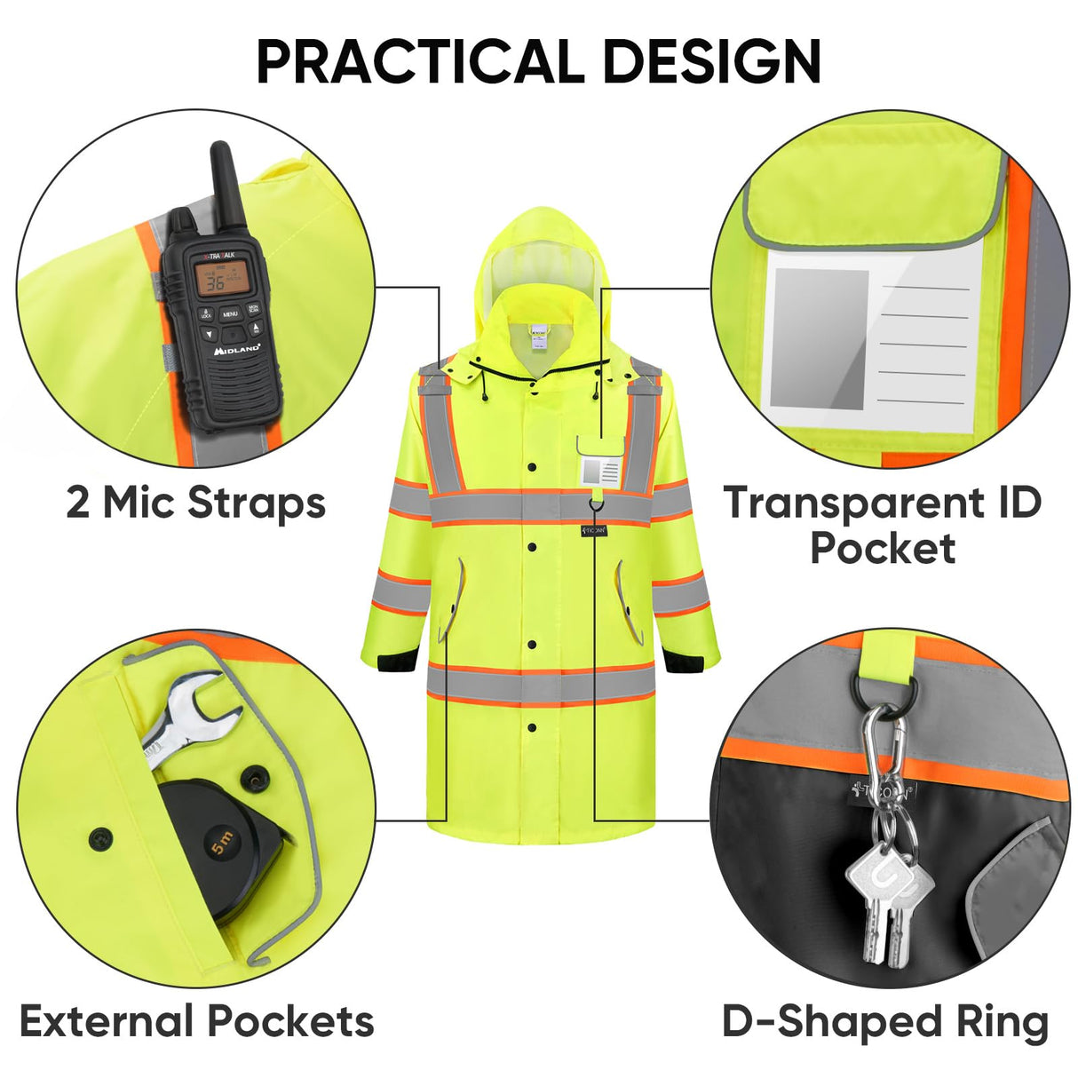 TICONN Reflective Rain Coat, Waterproof Hi Vis Safety Rain Jacket, Heavy Duty ANSI Class 3 High Visibility Trench Coat (L)