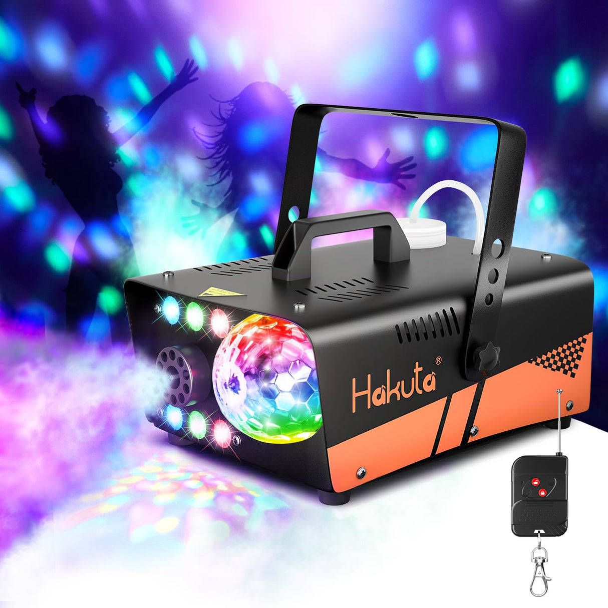 HAKUTA Fog Machine, Smoke Machine with Disco Ball Light and LED RGB Lights, 3000 CFM Spray with Auto Spray Function, Great for Halloween, Christmas, Wedding, Stage Performance and Parties
