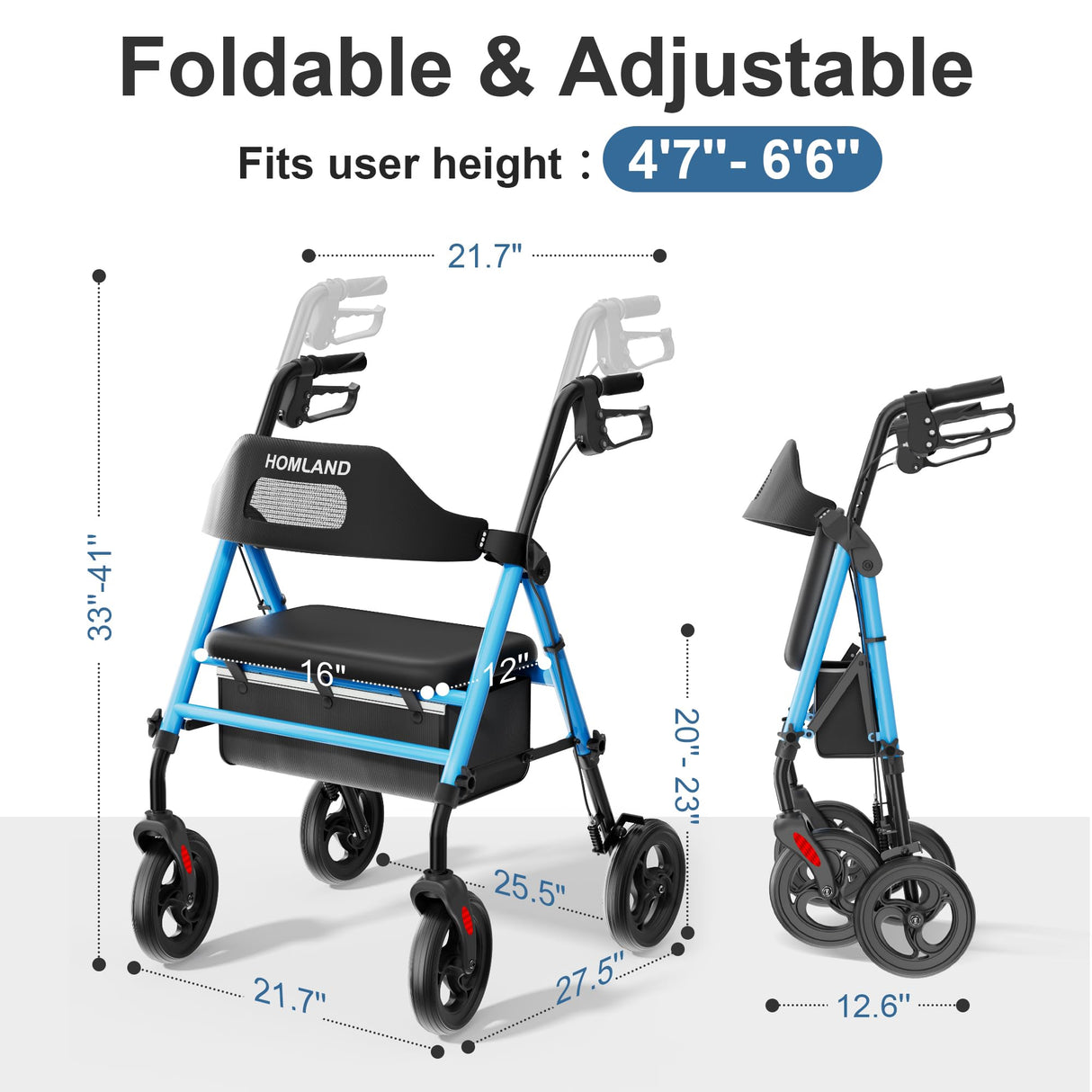 HOMLAND Foldable Rollator Walkers with Seat for Seniors, 8'' Big Wheels, 350 lb. Weight Capacity, Adjustable Handles and Seat Height, Lightweight Rolling Walker, Light Blue