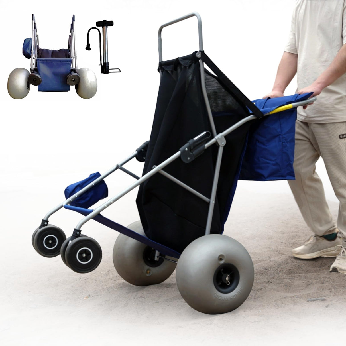 CRESTWALKER 13'' Balloon Wheel Beach Cart, Upright Stroller Wheeler with Big Wheels for Sand, Holds 4 Folding Chairs, Pump Included