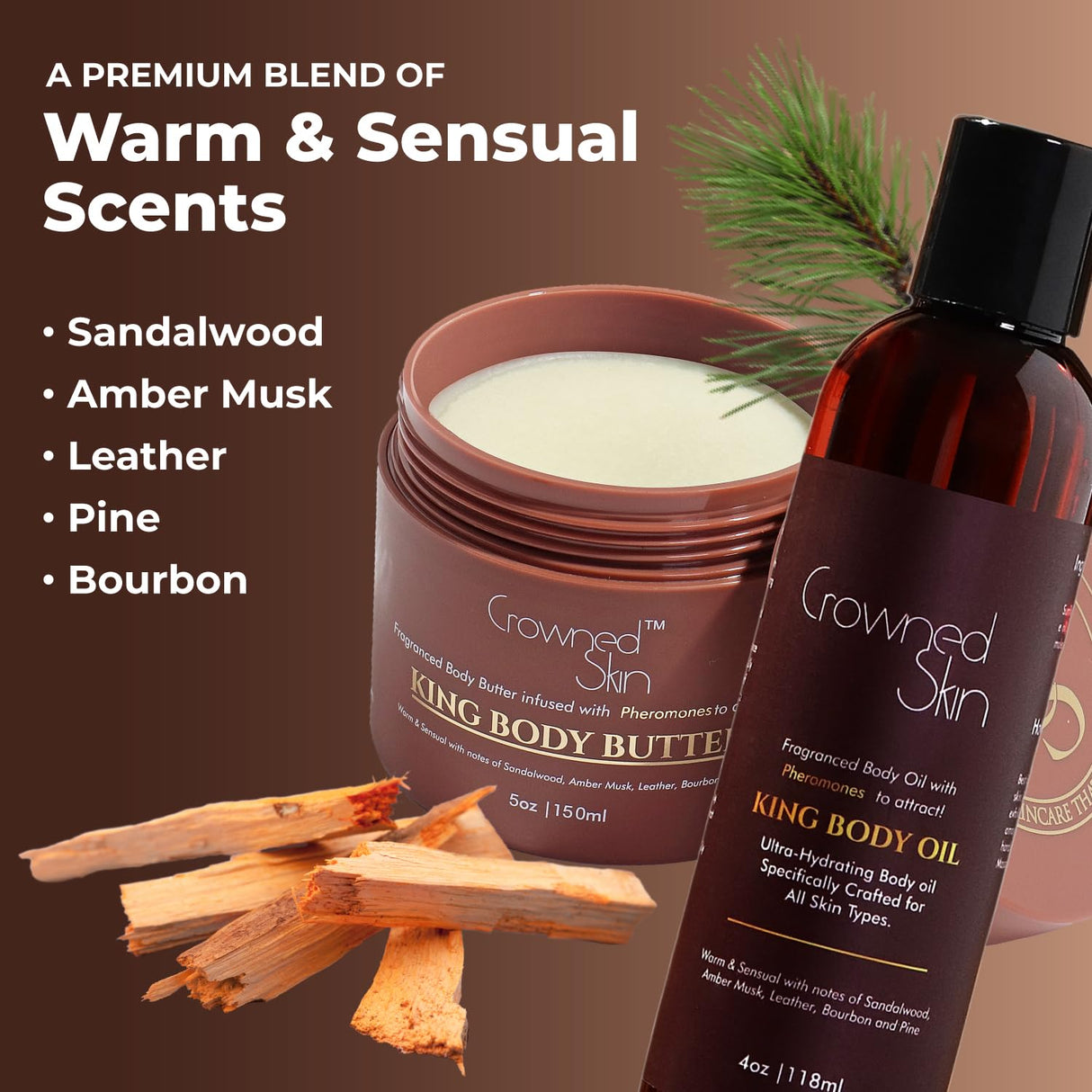 Crowned Skin King Cologned Body Butter and Body Oil Bundle | Warm and Sensual Sandalwood & Leather Scent | Infused with Organic Shea & Mango Butters | Moisturizing Formula with All-Day Fragrance