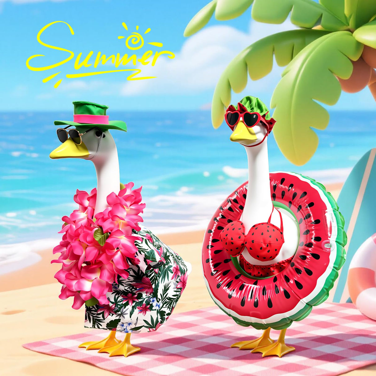 2 Set Hawaiian Porch Goose Outfits,23''Porch Goose Summer Outfits,Bikini Lawn Goose Costume,Yard Goose Clothes Skirt Hat Glasses Floral Wreath Swimming Ring for Outdoor Garden Yard Decor