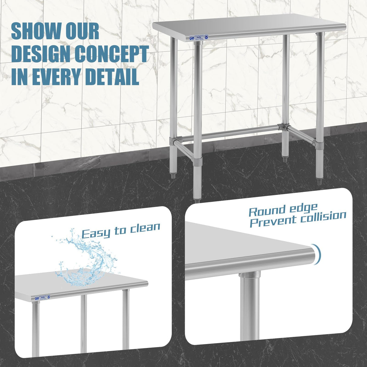 Hally Open Base Stainless Steel Table 24 x 36 Inches, NSF Commercial Heavy Duty Prep & Work Table with Galvanized Legs for Restaurant, Home and Hotel