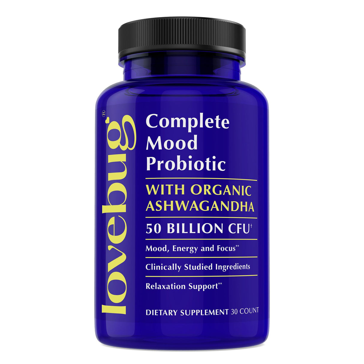 LoveBug Complete Mood Probiotics for Women - 50 Billion CFU, 10 Clinically Studied Strains, Lactobacillus Bifidobacterium Probiotic with Ashwagandha Digestive Health, Mood Support Supplement, 30 Count