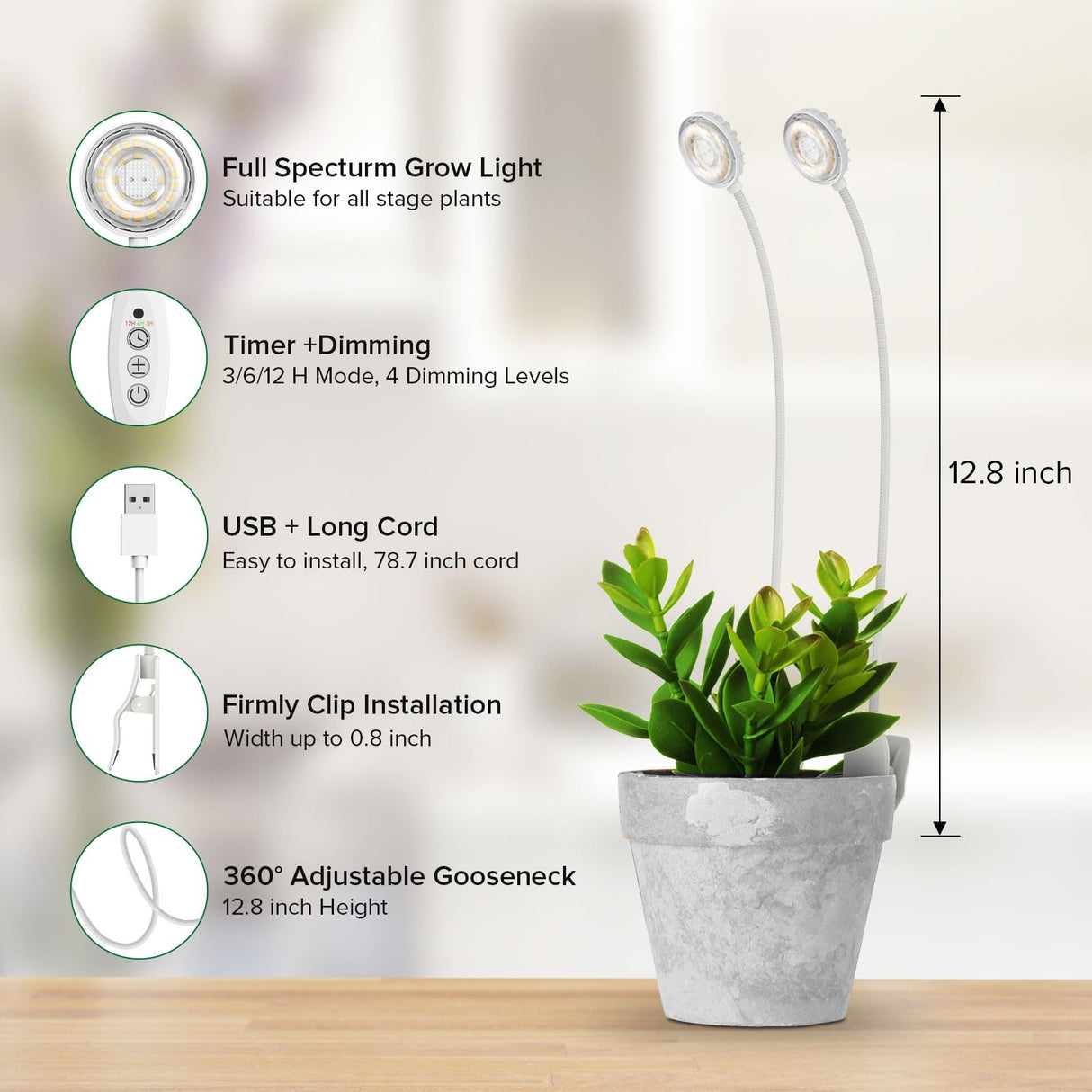 SGLEDs Clip-On Grow Lights for Indoor Plants, 2-in-1 Small Grow Light with One Plug & Auto Timer, 4000K Full Spectrum Dimmable LED Lamp for Potted Houseplants, Seedlings & Lemon Trees