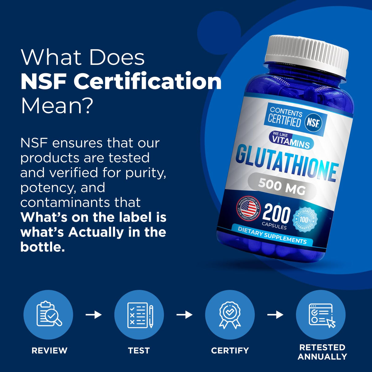 We Like Vitamins | NSF Certified Glutathione Supplement | Manufactured in USA | Highly Bioavailable | L-Glutathione Antioxidant Support|500mg Per Serving | 200 Capsules