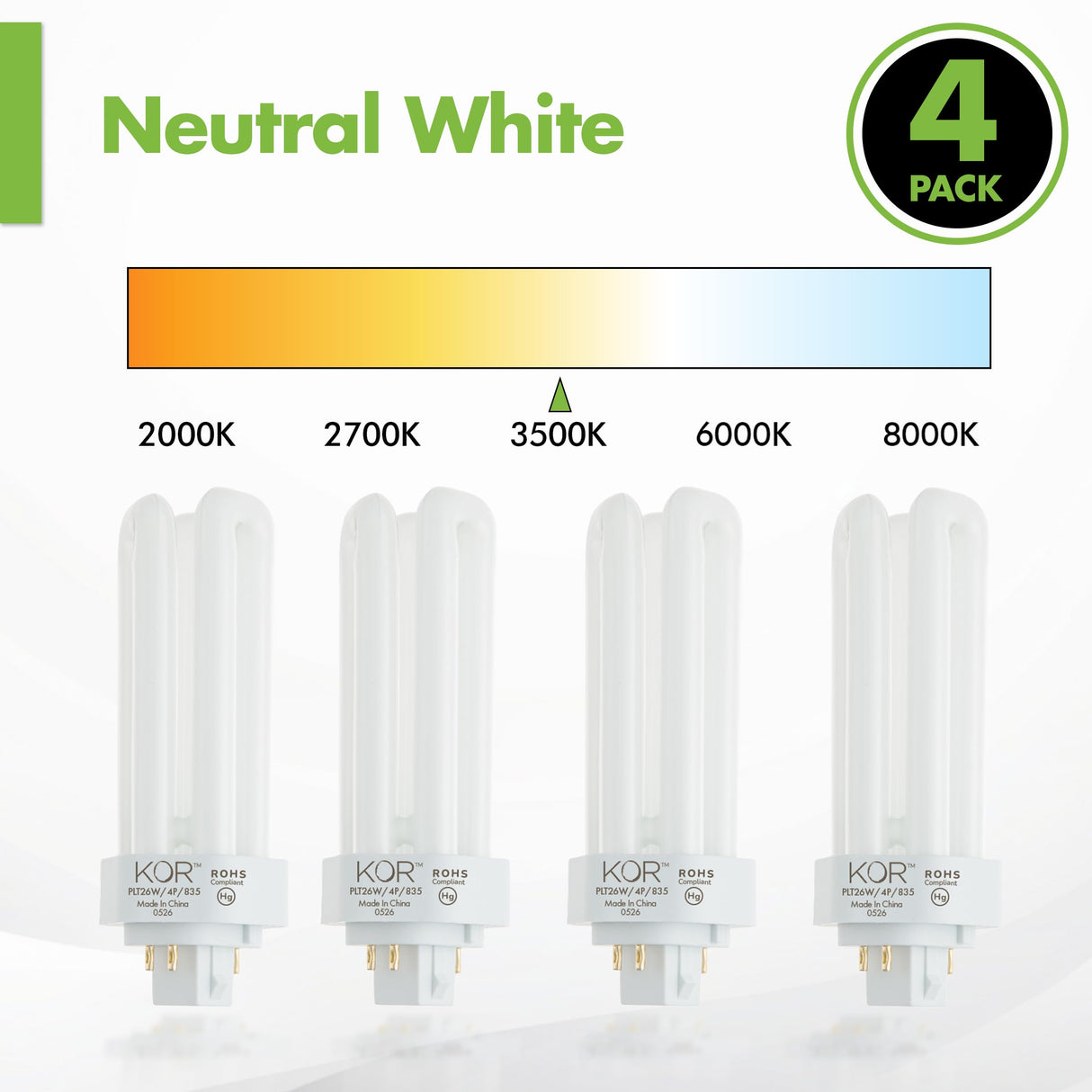 KOR (Pack of 4 26 Watt Triple Tube - GX24Q-3 (4 Pin) Base -3500K White - CFL Light Bulb - Philips 268243 PL-T 26W/35/4P/ALTO - GE 97616 F26TBX/835/A/ECO