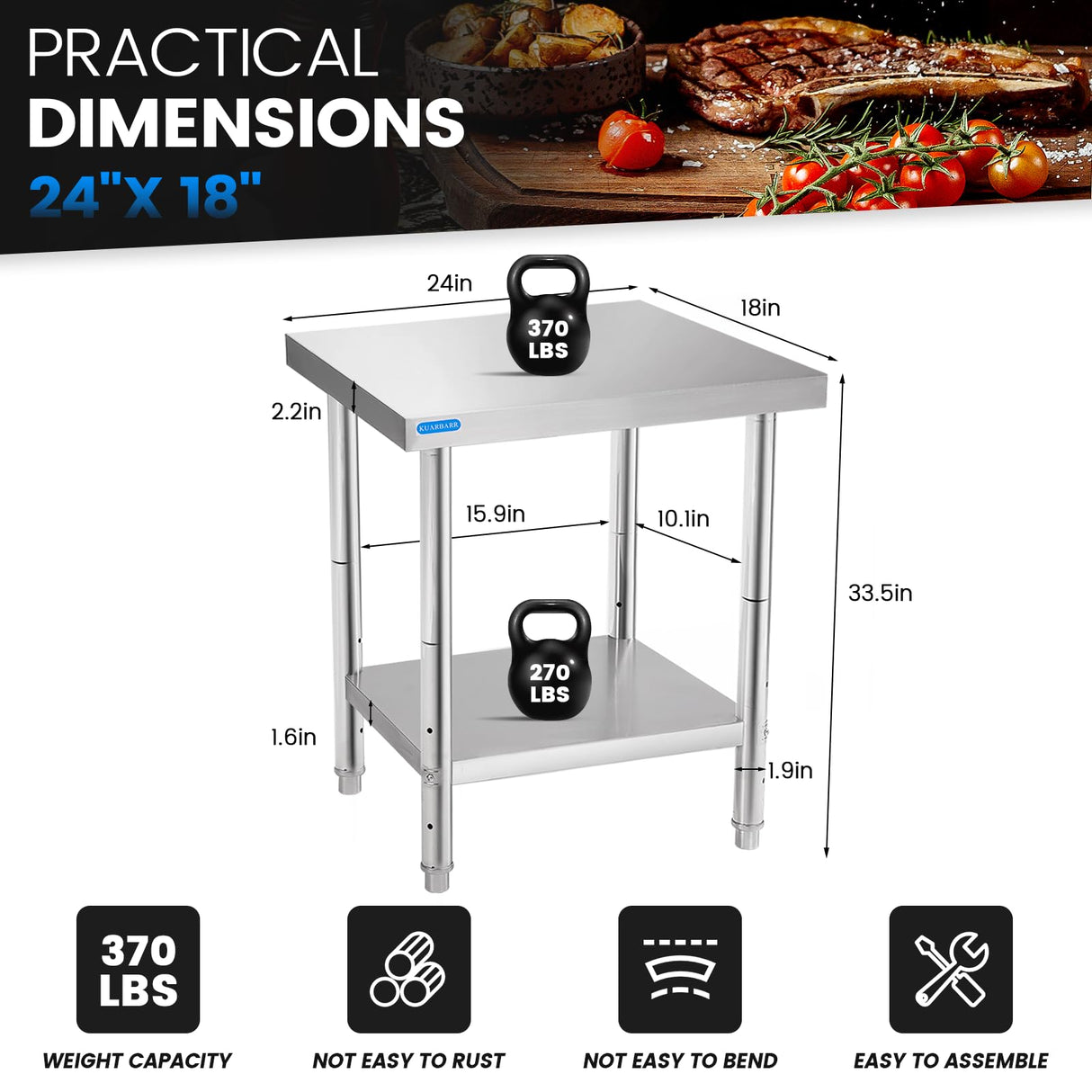 KUARBARR Stainless Steel Table for Prep & Work with Undershelf 18 x 24 Inches NSF Metal Commercial Kitchen Prep Table with Adjustable Under Shelf Worktable for Restaurant Home Outdoor