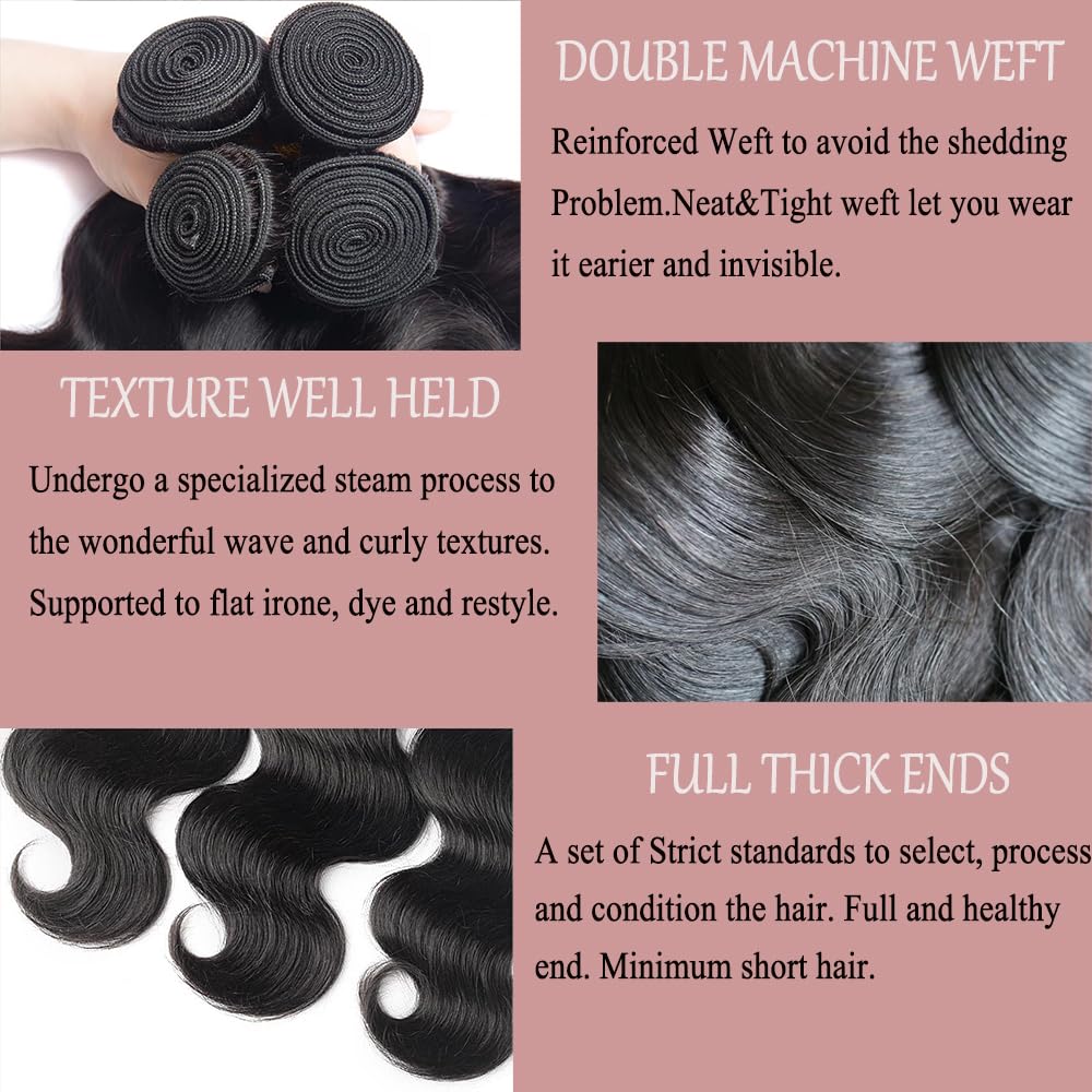 Katspon 12A Human Hair Bundles 20 22 24 26 Inch Body Wave 100% Unprocessed Brazilian Virgin Hair 4 Bundles Deals Human Hair Extensions Quick Weave Bundles Human Hair Natural Black