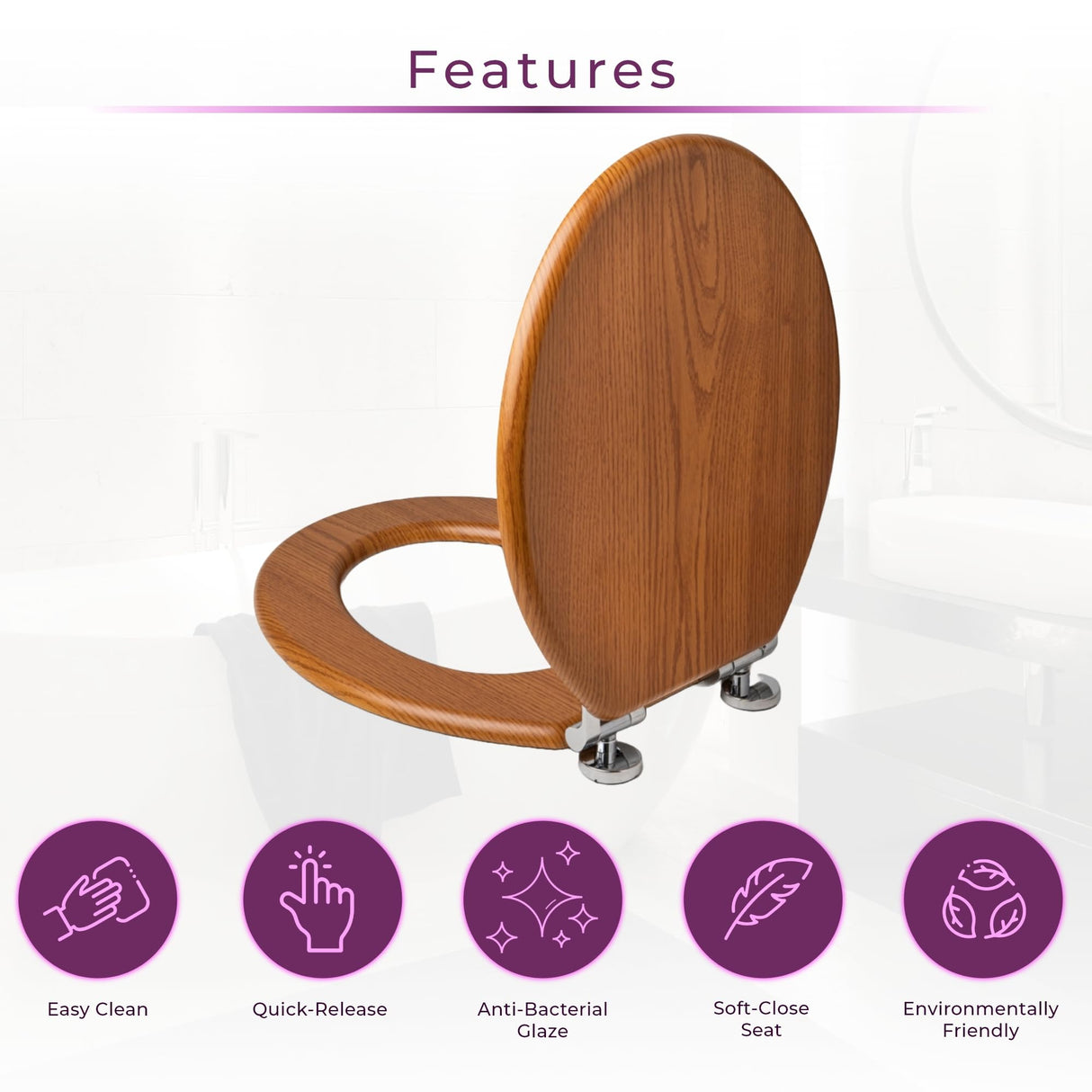Cambridge Oak Toilet Seat | Wood Oak Effect | Traditional Style | Soft Close Hinges | Universal Size | Bathroom Toilet Seats