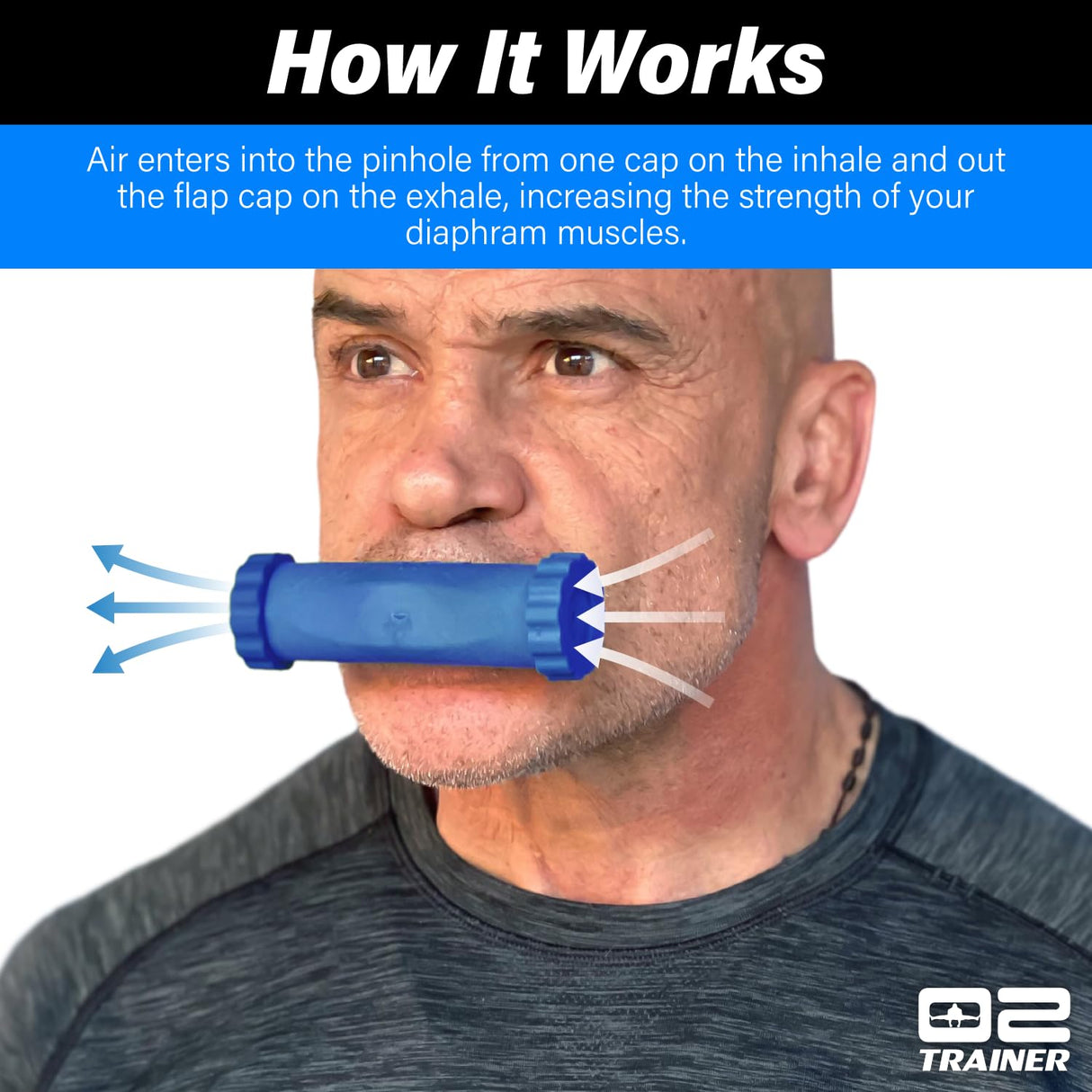 Bas Rutten O2Trainer: Breathing Muscle Training Device – Lung Power & Endurance Tool for Athletes, Singers & High-Altitude Performance – Diaphragmatic Respiratory Trainer – 16 Resistance Caps – Blue