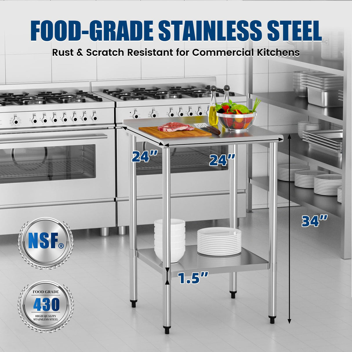 Chingoo Stainless Steel Work Table 24x24 Inch with Adjustable Undershelf & Backsplash, Heavy-Duty Prep Table for Commercial Kitchen, Restaurant, Garage, Outdoor