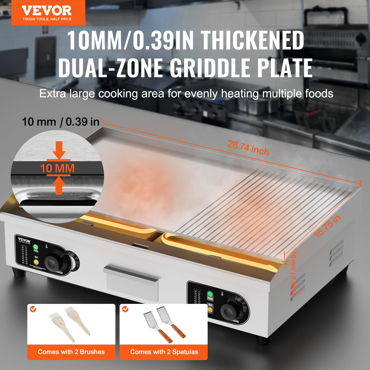 VEVOR Upgraded Commercial Electric Griddle, 2800W Countertop Half-Flat Top Grill, 122℉-572℉ Adjustable Temp, 29'' Stainless Steel Griddle Grill for Home or Restaurant(No Plug)
