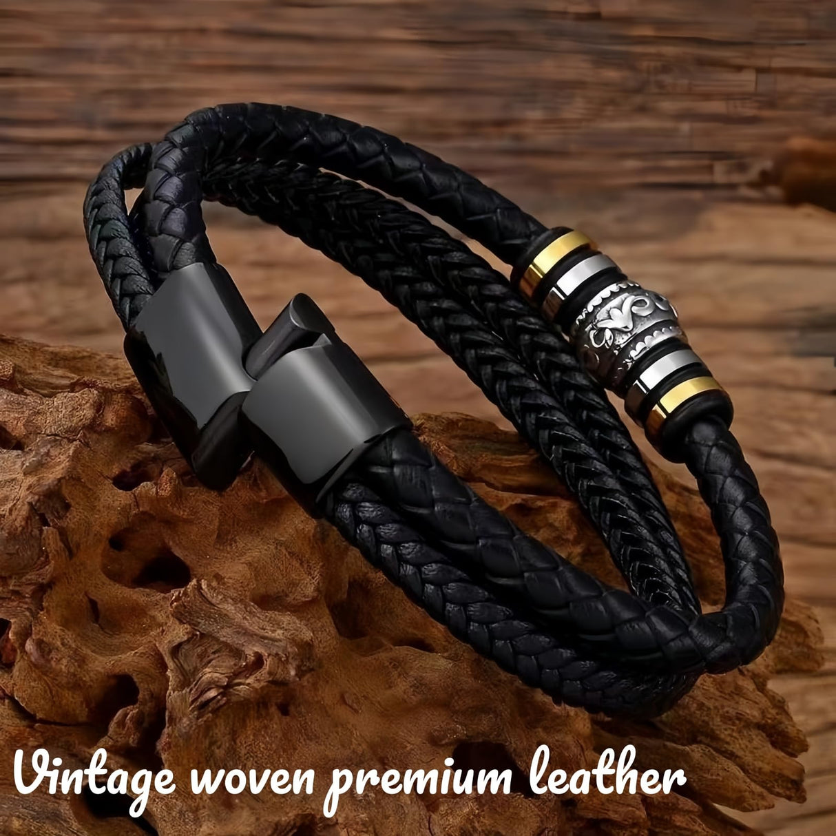 Men's Black Braided Leather Bracelet, Engraved "Love You Forever" 8.3in