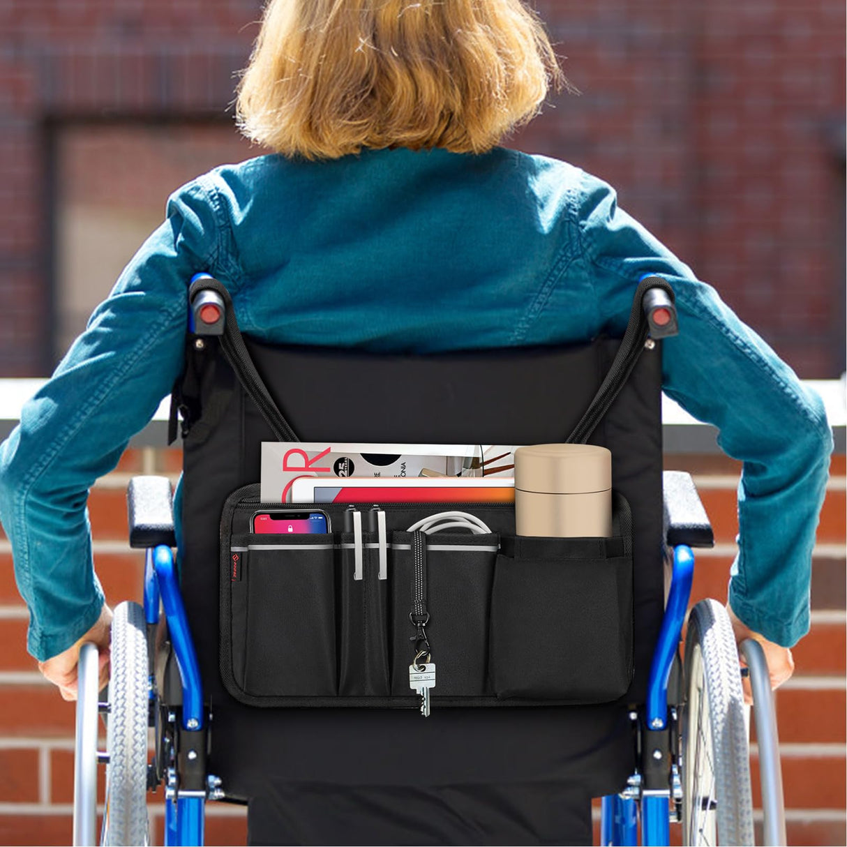 FINPAC Wheelchair Side Organizer Bag with Cup Holder, Wheelchair Armrest Accessories Pouch with Pen Slot and Reflective Strips for Power Wheelchairs, Walkers, Rollators, Adults, Seniors - Black