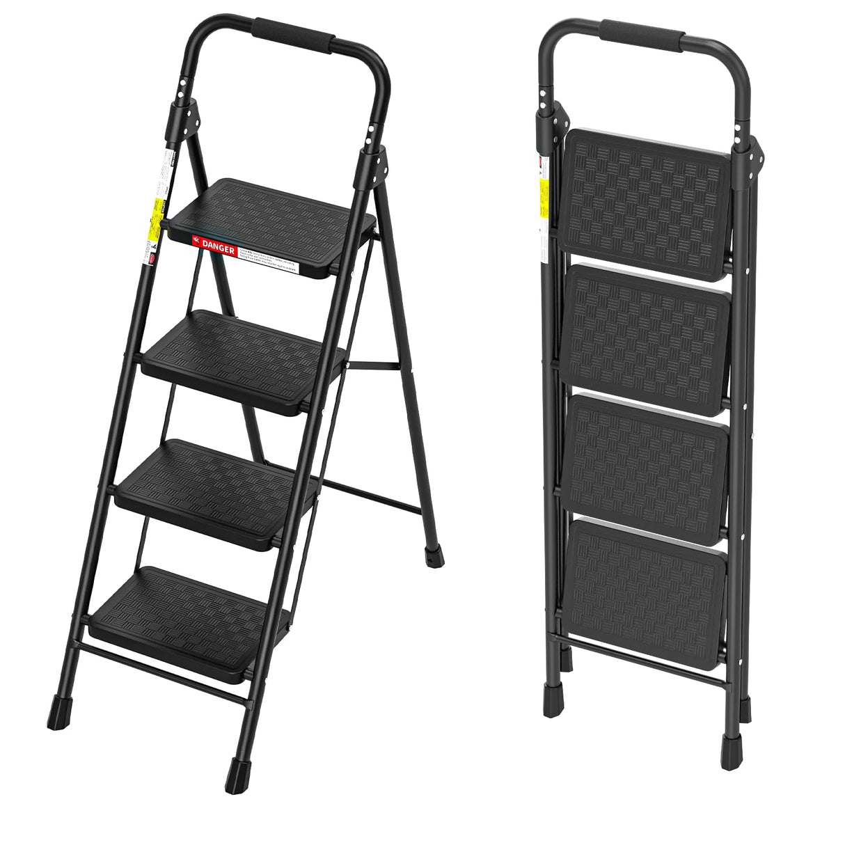 HBTower Step Ladder, 4 Step Ladder for Adults with Wide Anti-Slip Pedal, Step Stool Foldable with Cushioned Handle, 330 Capacity for Home and Kitchen, Black