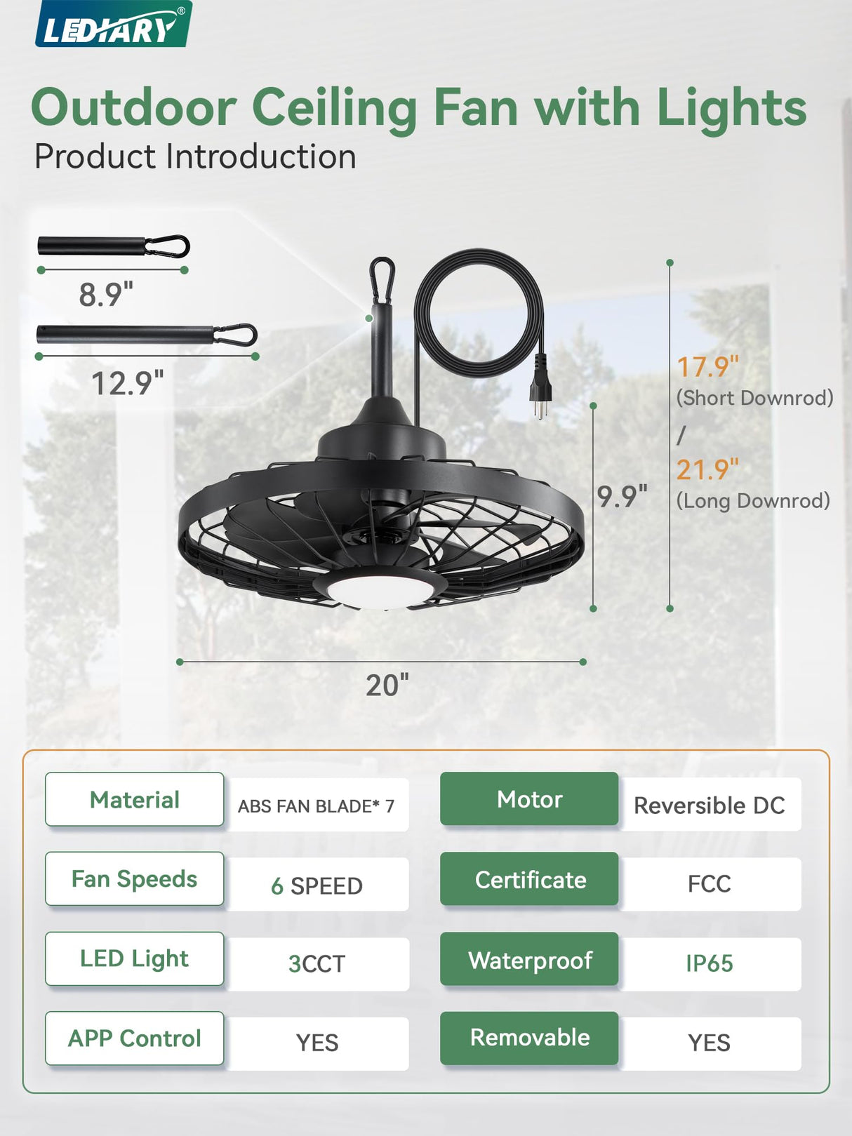 LEDIARY 20" Outdoor Ceiling Fan with Lights,IP65 Waterproof Gazebo Hanging Fan with Remote Control Smart App, Plug in Caged Ceiling Fan with 3CCT 6-Speeds for Patio Porch Pergola(Black)
