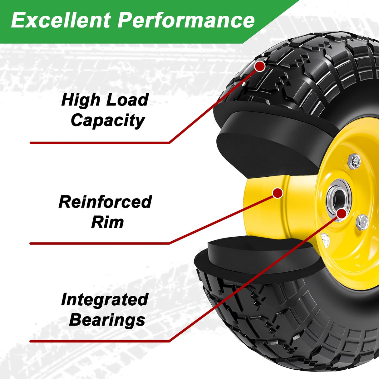 LTNICER 10" Solid Rubber Tires and Yellow Wheels 4.10/3.50-4 (10 x 3.5) Flat Free Tire with 5/8" Bearings,Heavy-Duty Replacement Tire For Gorilla Carts,Wagon,Wheelbarrow,Garden cart(2 Pack)