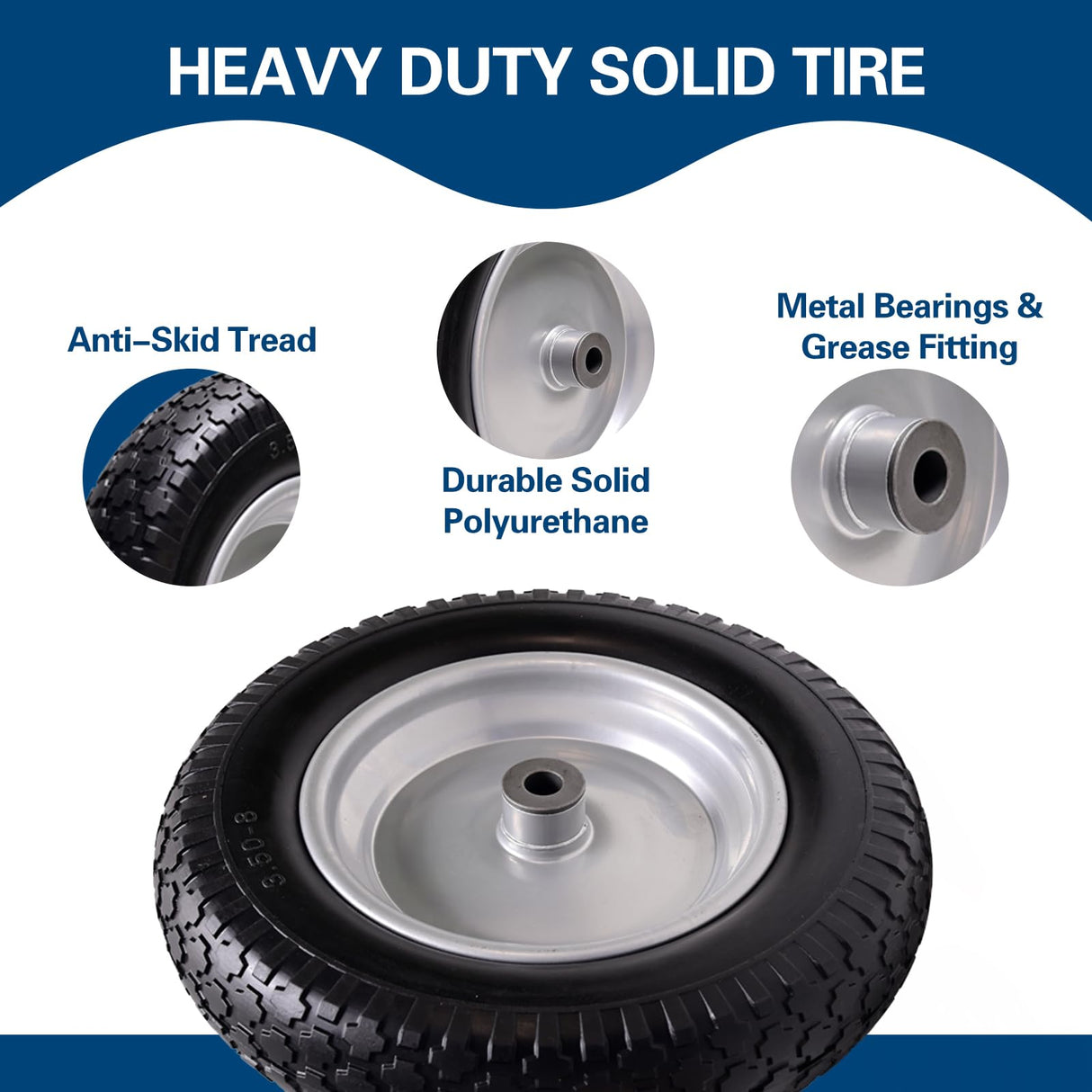 Sutmorly 4.80/4.00-8 Tire, 14.5" Flat Free Wheelbarrow Tire and Wheel, 5/8" 3/4" Bearings Solid Replacement Tires, 3" -7" Centered Hub, Universal Fit 3.50/3.00-8, 4.00-6 Trolley Dolly Go Kar, 2 Pack