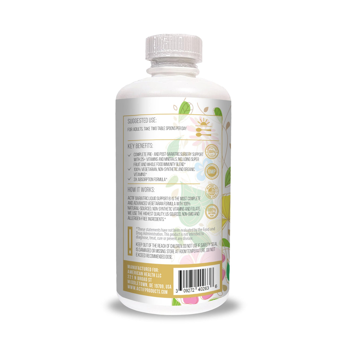 Actif Organic Bariatric Liquid Support With 25+ Organic Vitamins And Minerals For Bariatric Surgery, Advanced Formula, Non GMO, 32 Oz