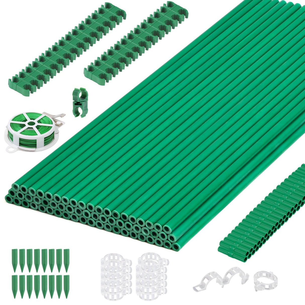 Cludoo 208PCS Garden Stakes Set with 60 Sets Fiberglass Plant Stakes Sticks Supports and Accessories, DIY 4ft 5ft 6ft 7ft Tomato Stakes for Tomato,Vegetables, Pepper, Fences Indoor Outdoor Plants