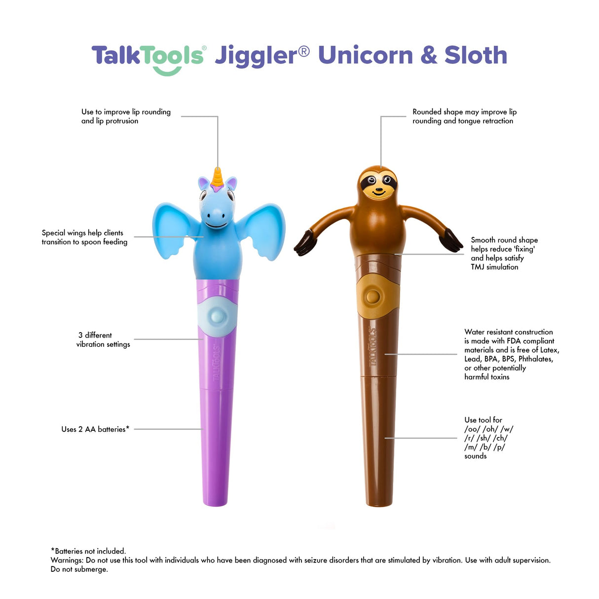 TalkTools Jiggler - Chewable Oral Facial Massager - Oral Sensory Massager - Calming Motor Therapy for Kids - Unicorn/Sloth - Set of 2