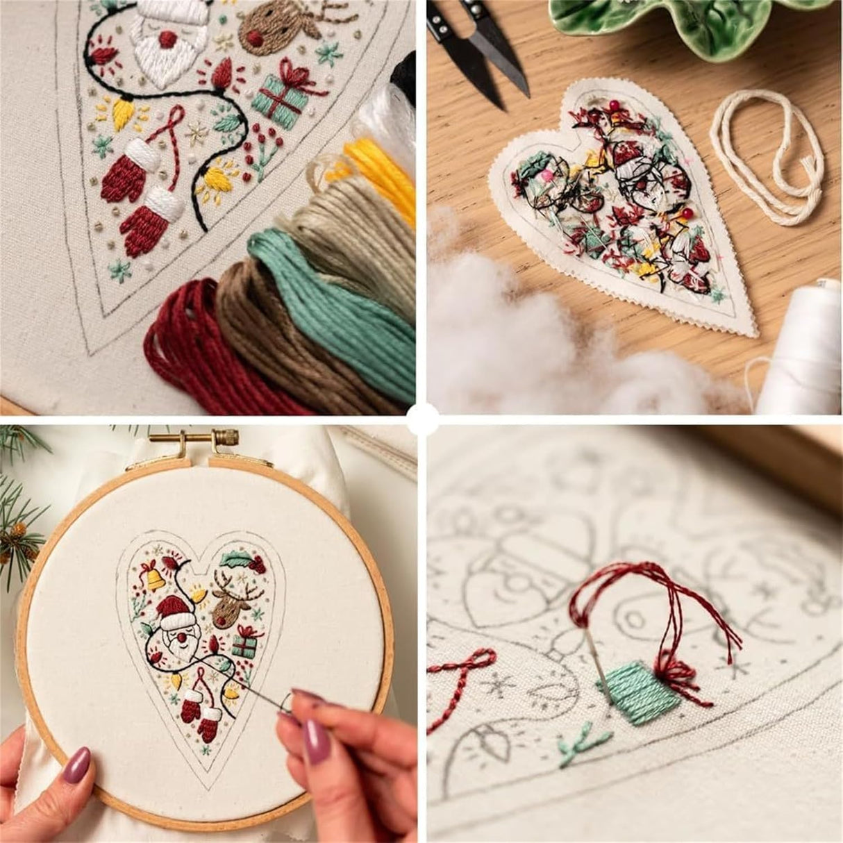 TIMLIFE DIY Heart Shaped Hand Embroidered Christmas Ornament Kit, 2026 New Embroidery Christmas Ornament Kits, Handmade Tree Decoration for Holiday Decorations, Winter Decor (4PCS)