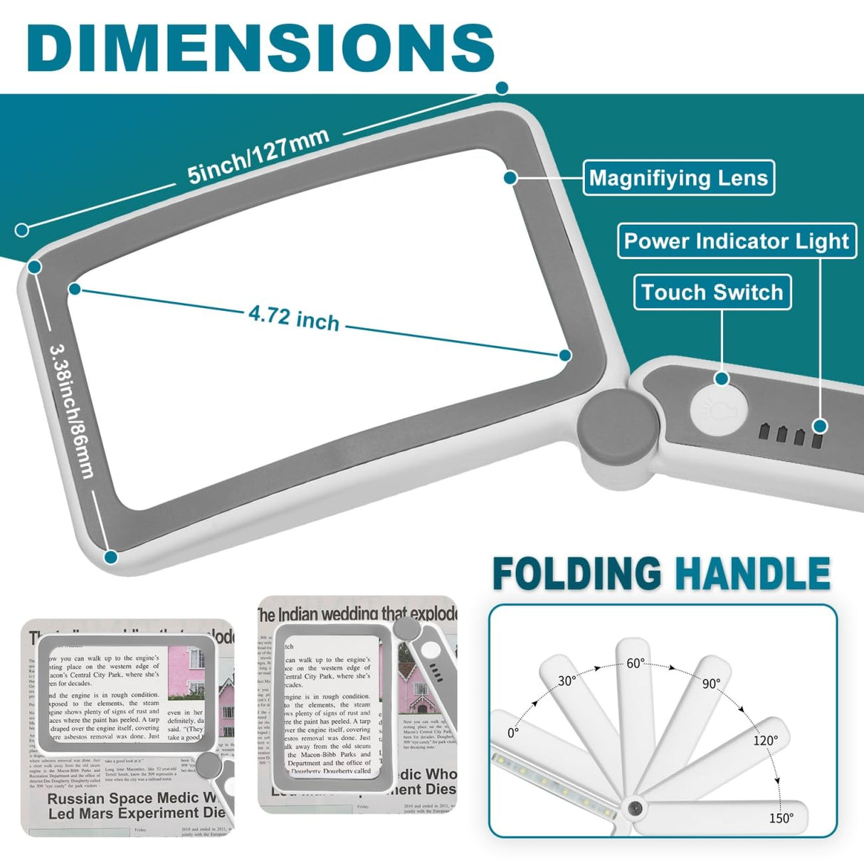 Rechargeable Magnifying Glass with Light for Reading, 5X Large Page Magnifier with LED Lighted for Seniors Low Vision, Folding Handheld Lightweight Rectangle Magnifier for Reading Book Small Print