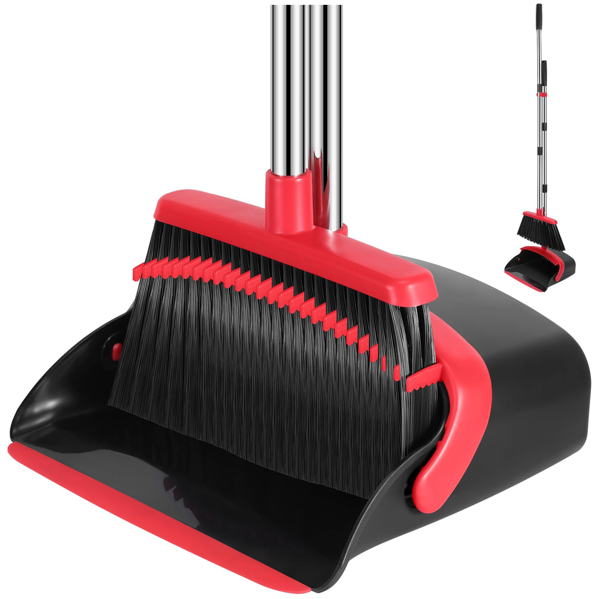 NACENA Broom and Dustpan Set, 52-in Long Adjustable Handle Broom Dustpan Combo with Dustpan Teeth to Automatically Clean Hair Suitable for Home Kitchen Office Hall Floor(Black&Red)
