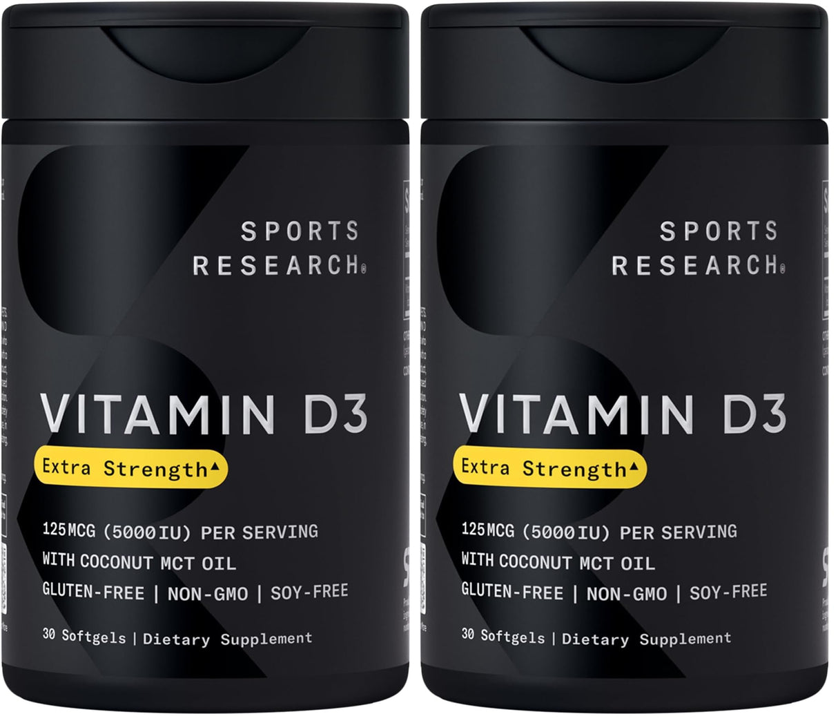 Sports Research Vitamin D3 5000 IU with Coconut MCT Oil - Extra Strength Vitamin D Supplement - Non-GMO Verified, Gluten & Soy Free – 125mcg, 30 Liquid Softgels (Pack of 2)