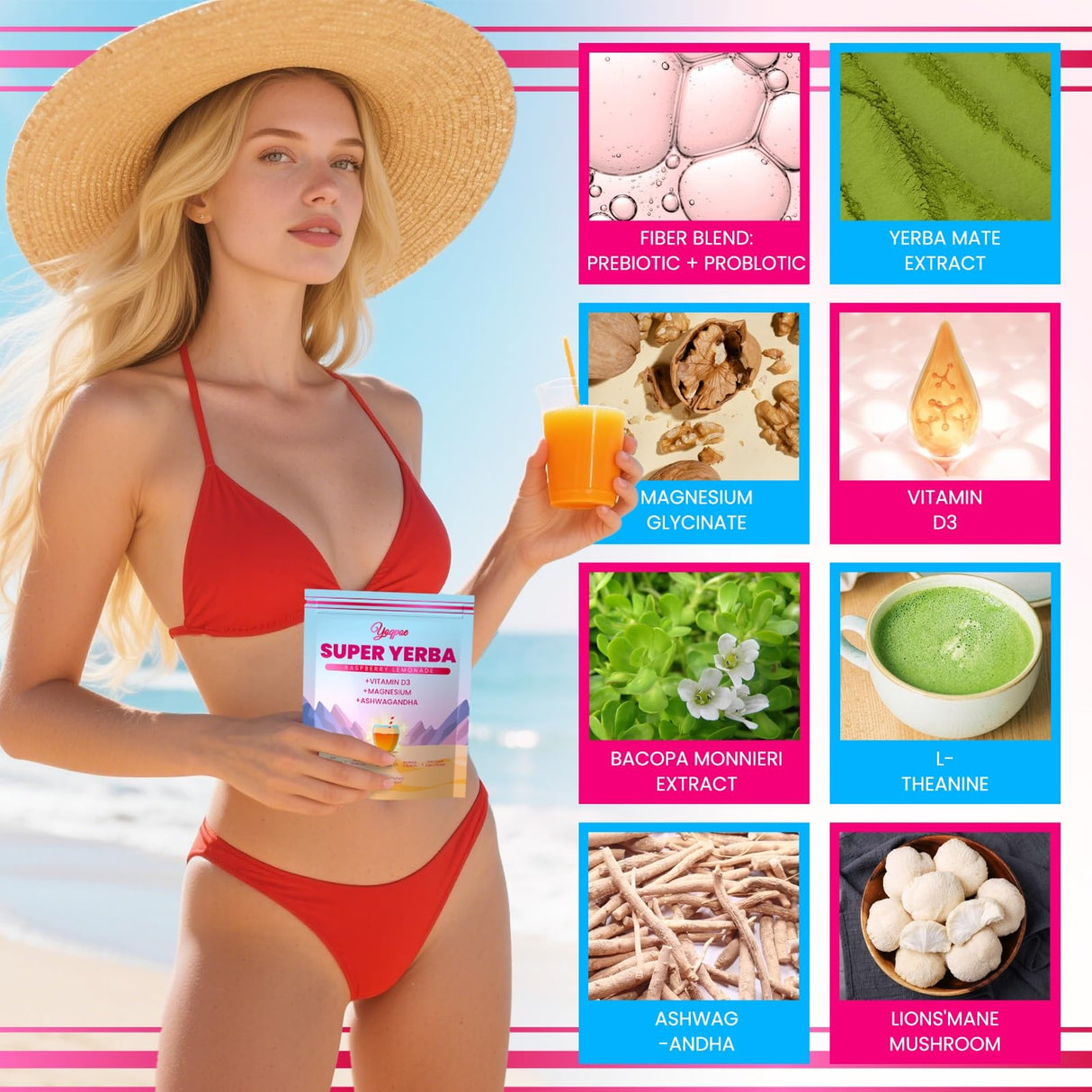 30 Servings Super Yerba Packets,Yerba Mate Instant Tea Powder,Super Yerba Raspberry Lemonade Flavor,Energy Boost,Mental Clarity and Gut Health by Ashwagandha, Prebiotics and Probiotics (1)