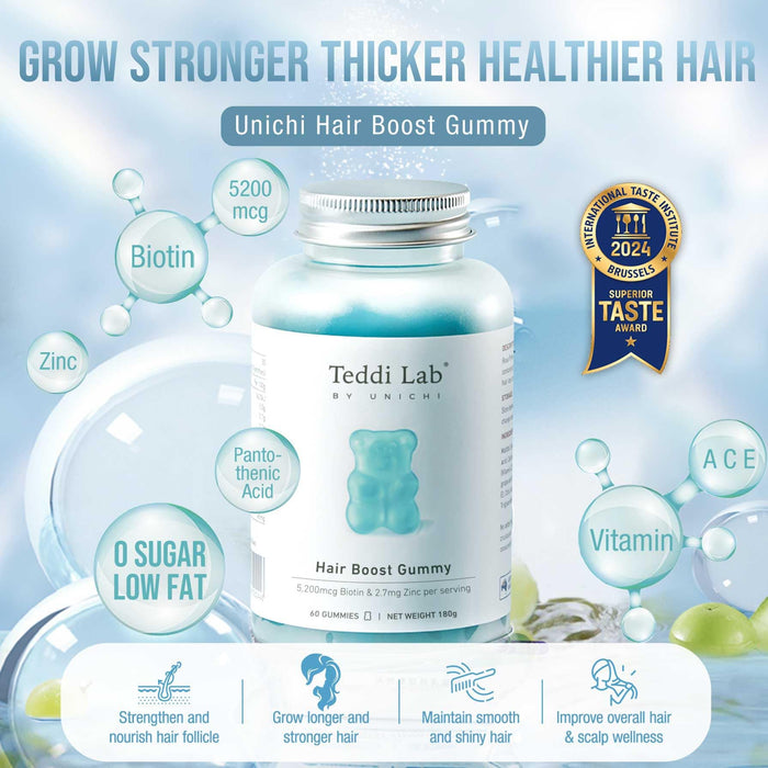 Unichi Hair Boost Gummy, 5200mcg Biotin Formulated with Zinc and Pantothenic Acid for Stronger and Thicker Hair, Great Tasting with Sea Salt & Green Grape Flavour, 60 Count